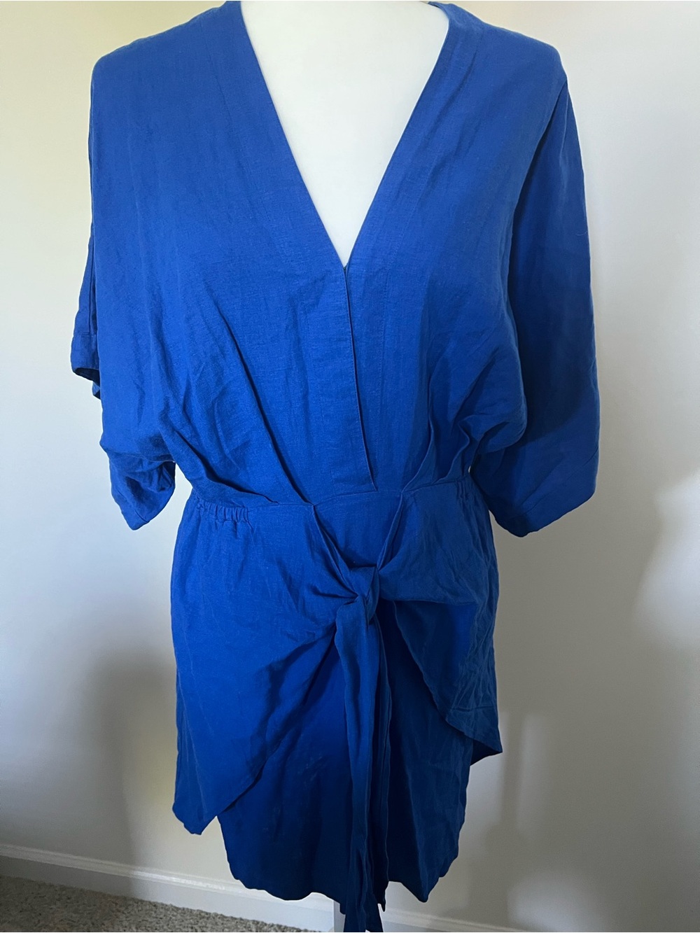 Relaxed V-Neck Midi Dress with Waist Tie in Cobalt